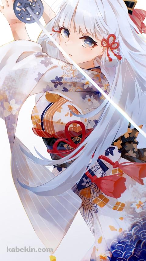 鮮やかな着物を着て剣を構える神里綾華 / 原神のAndroidの壁紙(480px x 854px) スマホ用