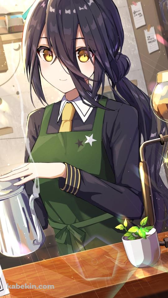 カフェで珈琲を入れたポットを持つマンハッタンカフェ / ウマ娘プリティーダービーのAndroidの壁紙(540px x 960px) スマホ用