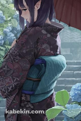 雨の中、水色の紫陽花が咲く階段の前で赤い傘をさす一伊那尓栖 / ホロライブ / バーチャルYouTuber / VtuberのAndroidの壁紙(320px x 480px) スマホ用