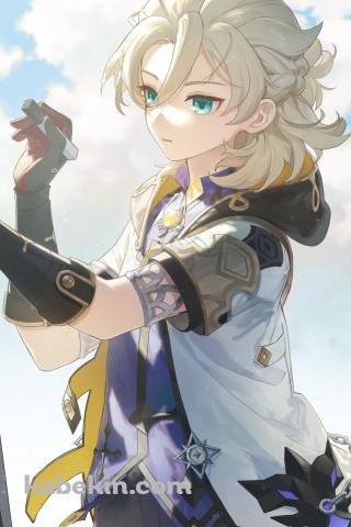 青空の下、キャンバスに絵を描くアルベド / 原神のAndroidの壁紙(320px x 480px) スマホ用