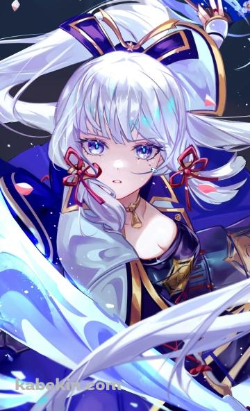 氷の剣を振るうかっこいい神里綾華 / 正面 / 扇 / 原神のAndroidの壁紙(360px x 592px) スマホ用