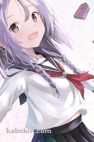 桜とセーラー服を着た笑顔の可愛い八乙女うるし / 舞う将棋の駒 / 歩 / それでも歩は寄せてくるのAndroidの壁紙(320px x 480px) スマホ用