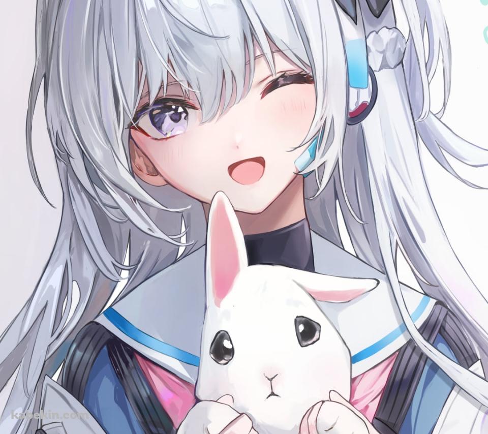 白い兎を抱えてウィンクする月雪ミヤコ / ブルアカ / ブルーアーカイブのAndroidの壁紙(960px x 854px) スマホ用