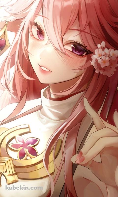 手で狐を作る綺麗な八重神子 / 原神のAndroidの壁紙(480px x 800px) スマホ用