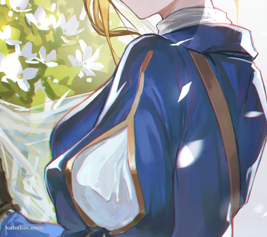 白い花の花束を持つ可愛いヴァイオレット・エヴァーガーデンのAndroidの壁紙(1080px x 960px) スマホ用