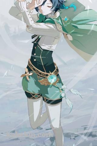 風が舞う中で目をつぶるウェンティ / 原神のAndroidの壁紙(320px x 480px) スマホ用