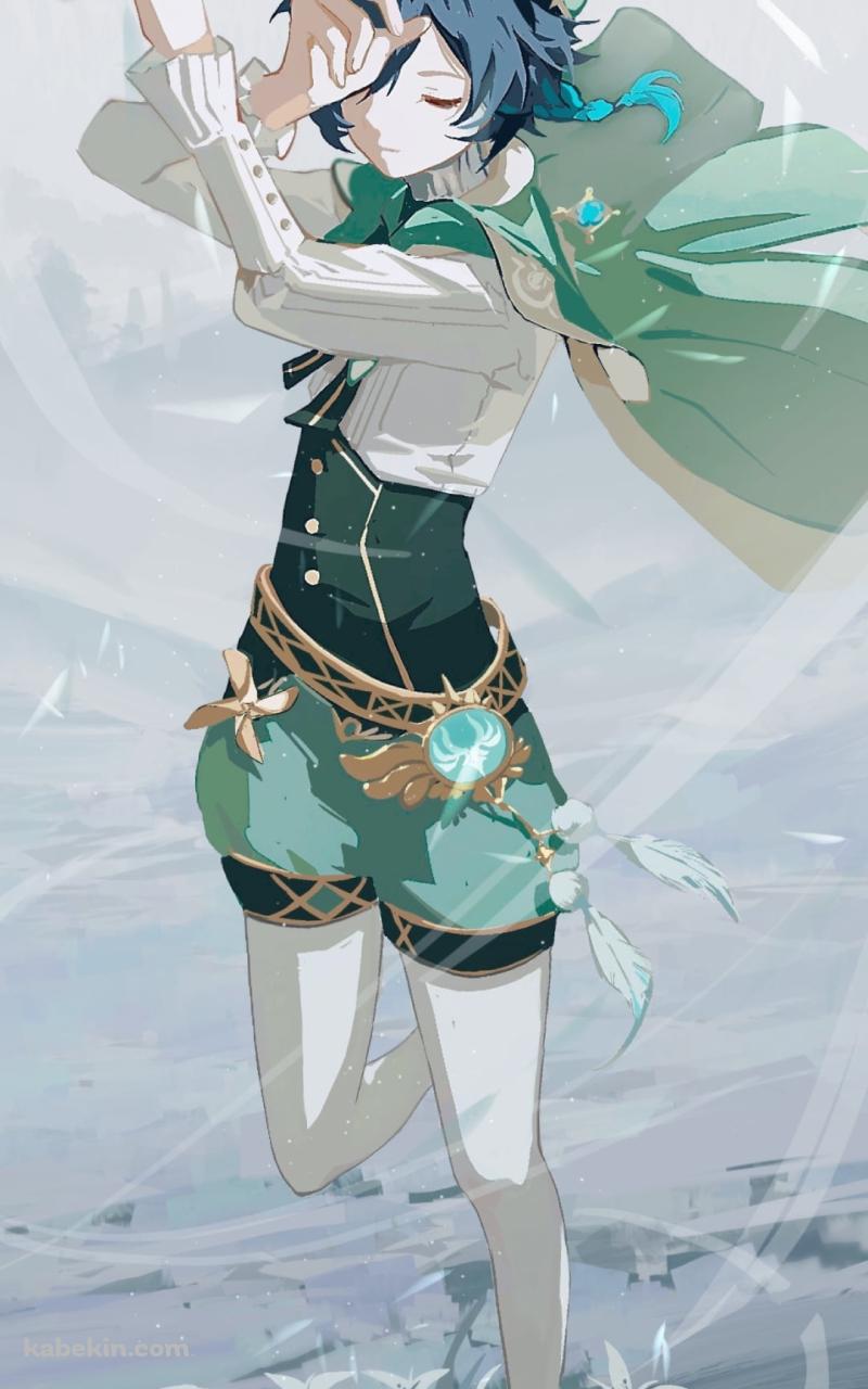 風が舞う中で目をつぶるウェンティ / 原神のAndroidの壁紙(800px x 1280px) スマホ用