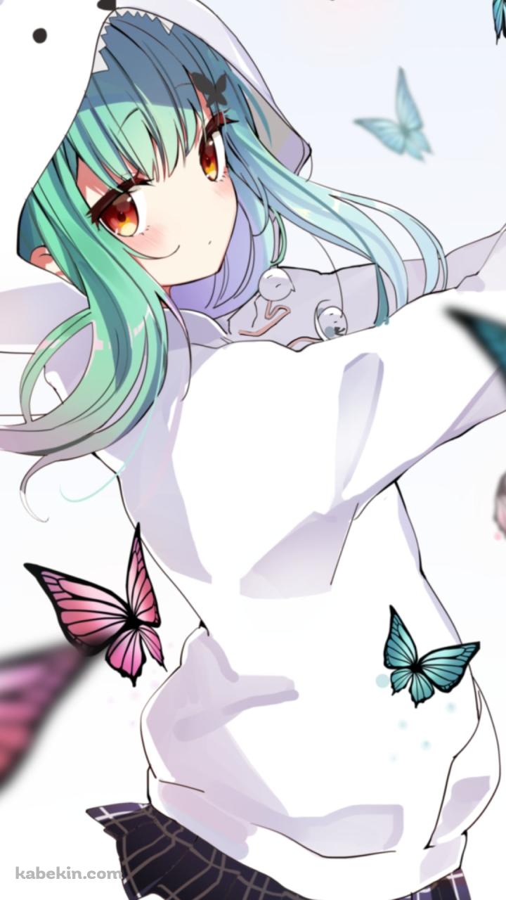 ピンクと緑の蝶に囲まれた潤羽るしあ / ホロライブ / バーチャルYouTuber / VtuberのAndroidの壁紙(720px x 1280px) スマホ用
