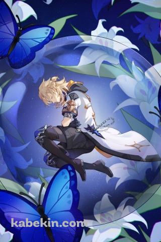 青い蝶と白い百合の花とアルベド / 原神のAndroidの壁紙(320px x 480px) スマホ用