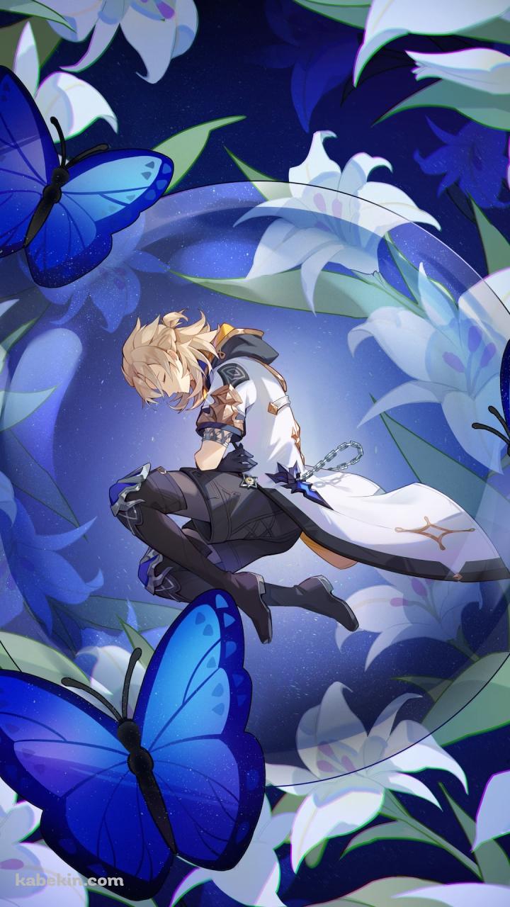 青い蝶と白い百合の花とアルベド / 原神のAndroidの壁紙(720px x 1280px) スマホ用
