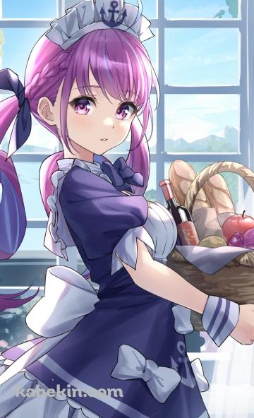 フルーツ・フランスパン・ワインが入ったバスケットを持つ可愛い湊あくあ / ホロライブ / バーチャルYouTuber / VtuberのAndroidの壁紙(360px x 592px) スマホ用