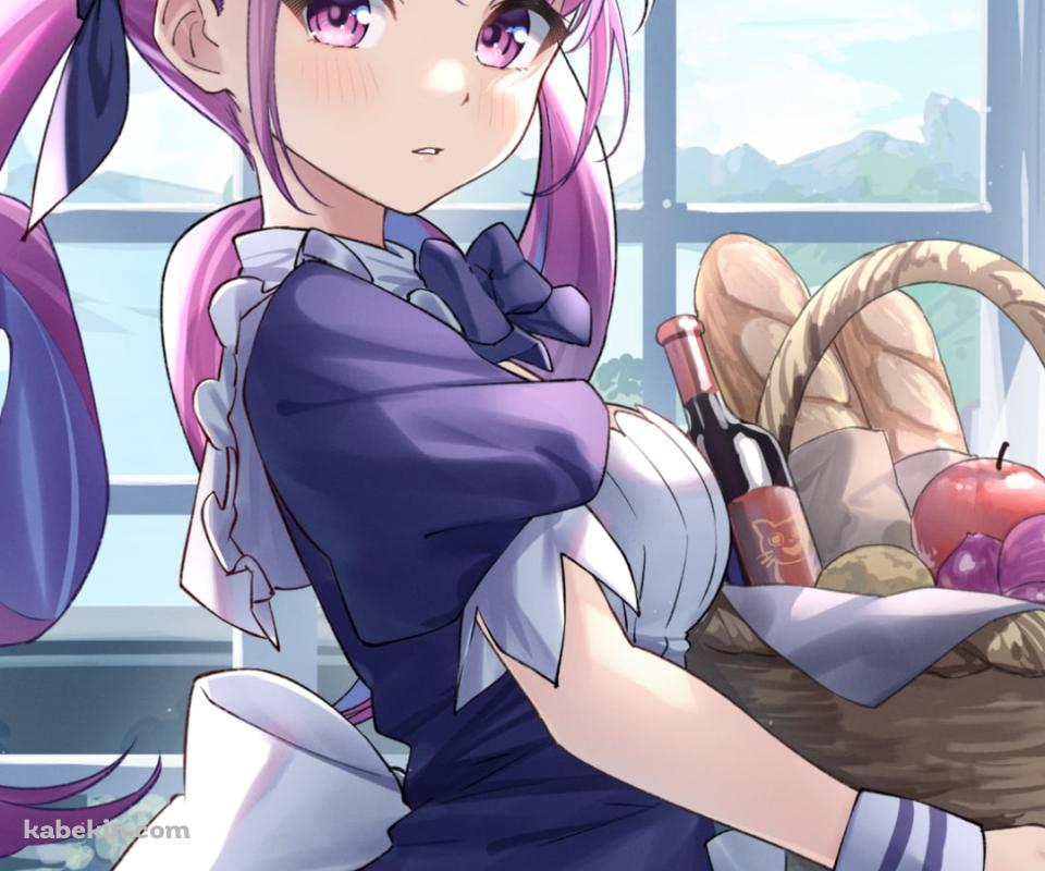 フルーツ・フランスパン・ワインが入ったバスケットを持つ可愛い湊あくあ / ホロライブ / バーチャルYouTuber / VtuberのAndroidの壁紙(960px x 800px) スマホ用