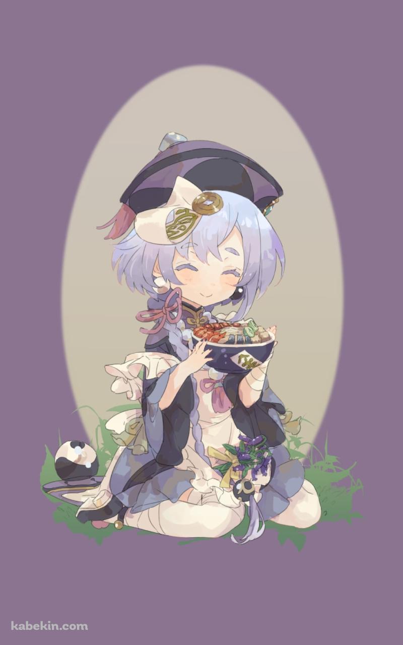 海鮮丼を持ち微笑む七七 / 原神のAndroidの壁紙(800px x 1280px) スマホ用