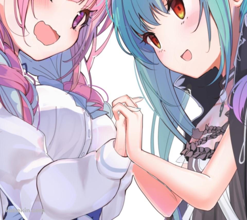 両手を合わせ笑顔の湊あくあと潤羽るしあ / ホロライブ / バーチャルYouTuber / VtuberのAndroidの壁紙(960px x 854px) スマホ用