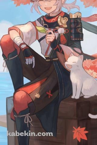 木箱の上で笑顔の楓原万葉(かえではらかずは)と白猫 / 原神のAndroidの壁紙(320px x 480px) スマホ用