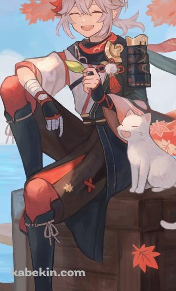 木箱の上で笑顔の楓原万葉(かえではらかずは)と白猫 / 原神のAndroidの壁紙(360px x 592px) スマホ用