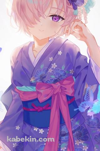 紫の着物を着たマシュ・キリエライト / 青い蝶 / fate/grand orderのAndroidの壁紙(320px x 480px) スマホ用