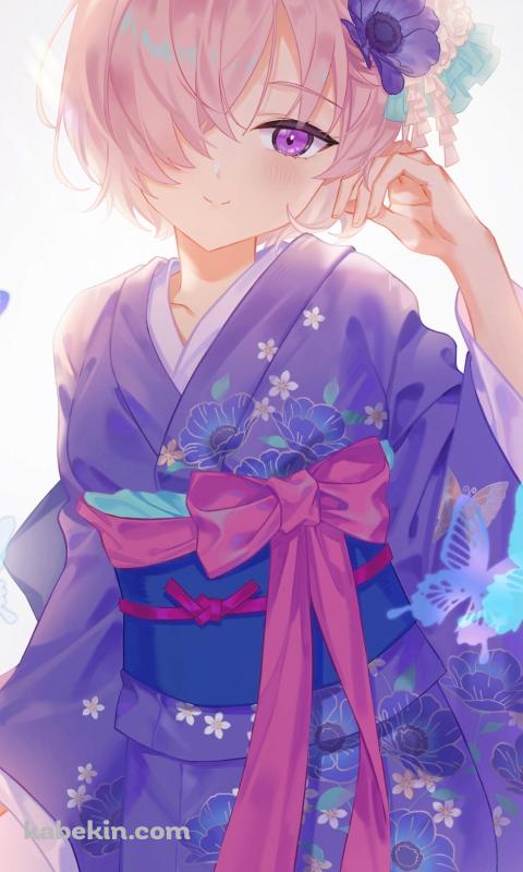 紫の着物を着たマシュ・キリエライト / 青い蝶 / fate/grand orderのAndroidの壁紙(480px x 800px) スマホ用