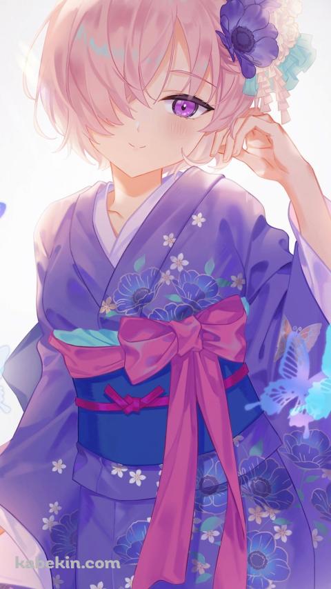 紫の着物を着たマシュ・キリエライト / 青い蝶 / fate/grand orderのAndroidの壁紙(480px x 854px) スマホ用