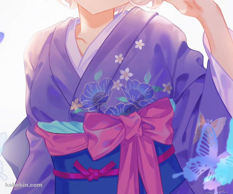 紫の着物を着たマシュ・キリエライト / 青い蝶 / fate/grand orderのAndroidの壁紙(960px x 800px) スマホ用