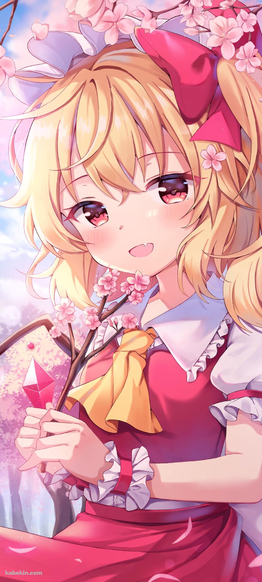 晴天時、綺麗な桜と可愛いフランドール・スカーレット / 東方のAndroidの壁紙(1080px x 2400px) スマホ用