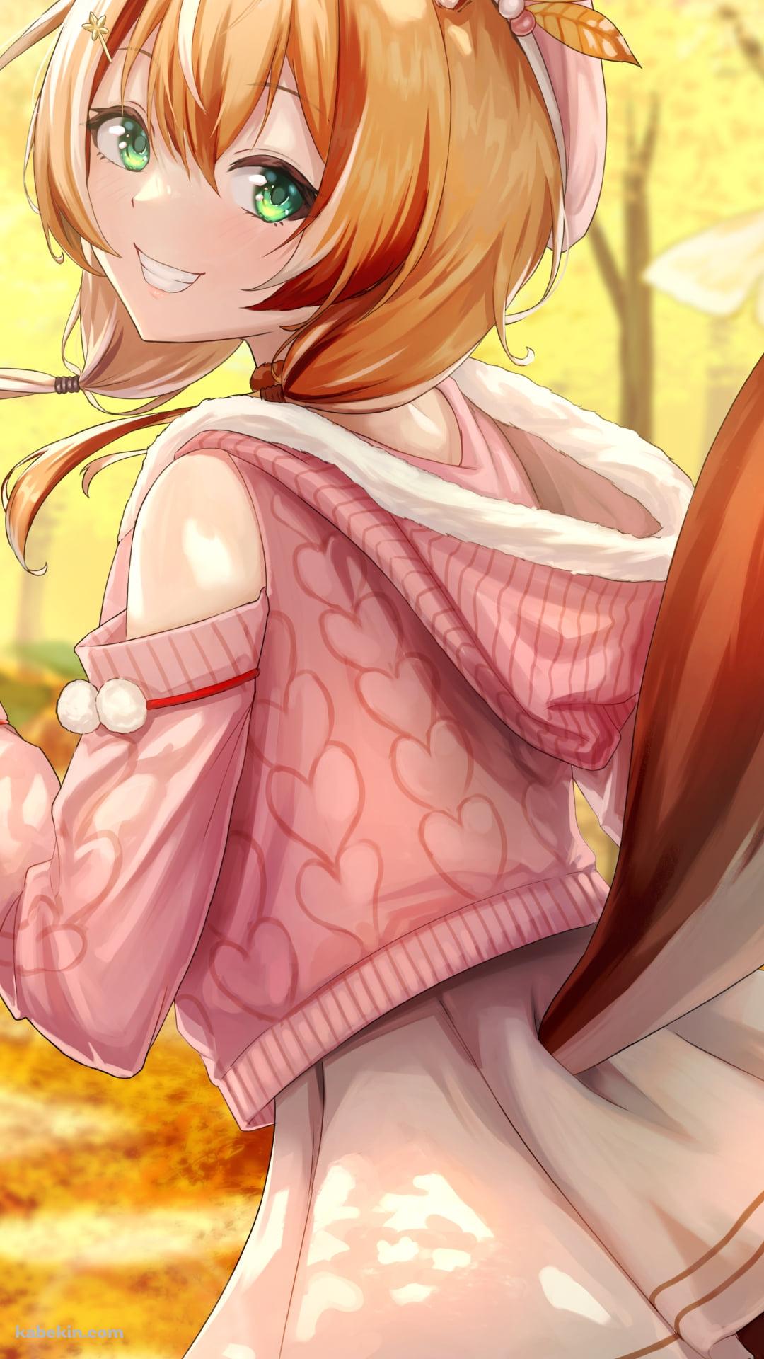 紅葉の中で振り向く笑顔のアユンダ・リス / ホロライブ / バーチャルYouTuber / VtuberのAndroidの壁紙(1080px x 1920px) スマホ用