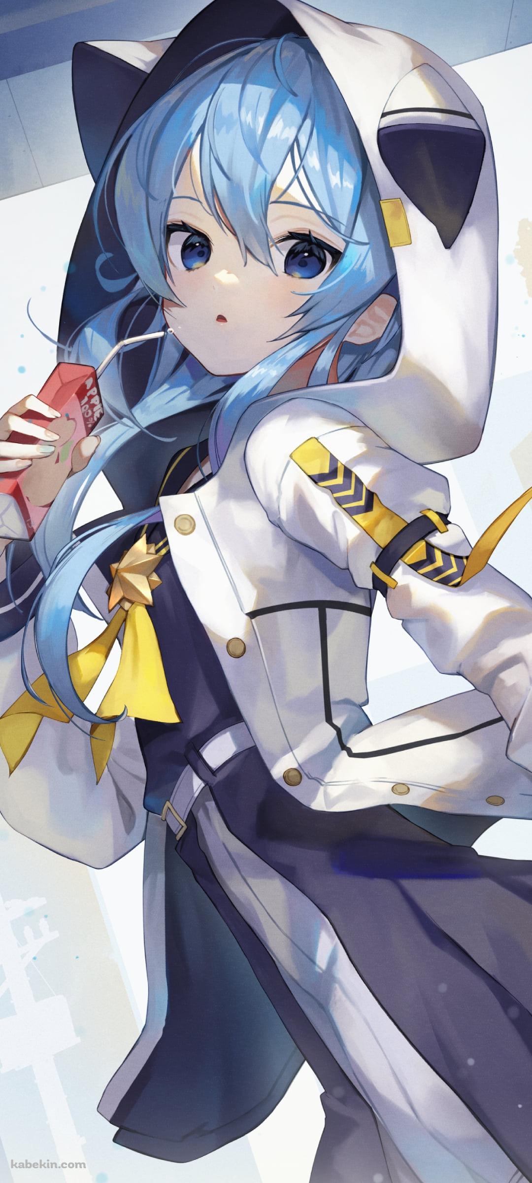 パックのリンゴジュースを飲みながらこちらに気づく星街すいせいのAndroidの壁紙(1080px x 2400px) スマホ用
