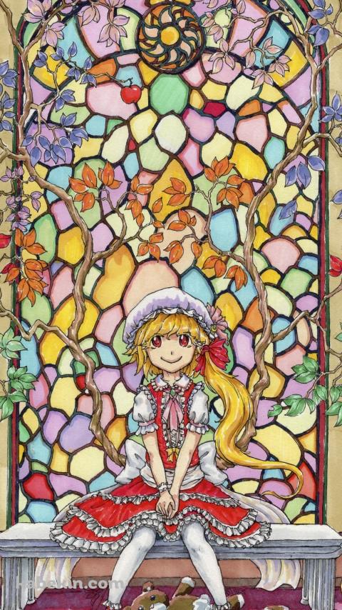 ステンドグラスの前の白いベンチに座るフランドール・スカーレット / 東方のAndroidの壁紙(480px x 854px) スマホ用
