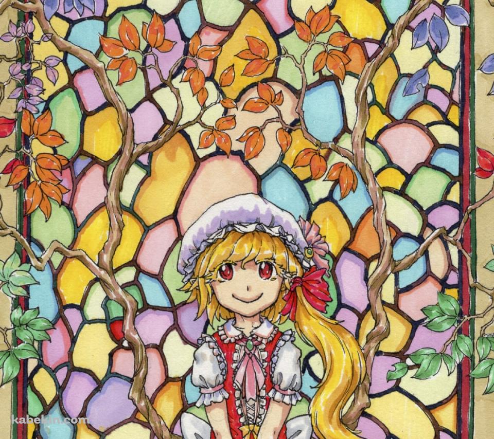 ステンドグラスの前の白いベンチに座るフランドール・スカーレット / 東方のAndroidの壁紙(960px x 854px) スマホ用