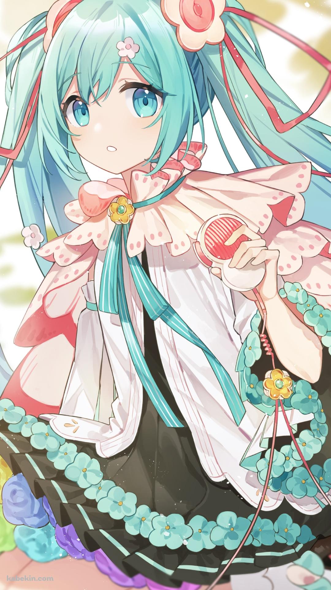 花が沢山ついた服を着た可愛い初音ミク / マジカルミライ / ボカロ / ボーカロイドのAndroidの壁紙(1080px x 1920px) スマホ用