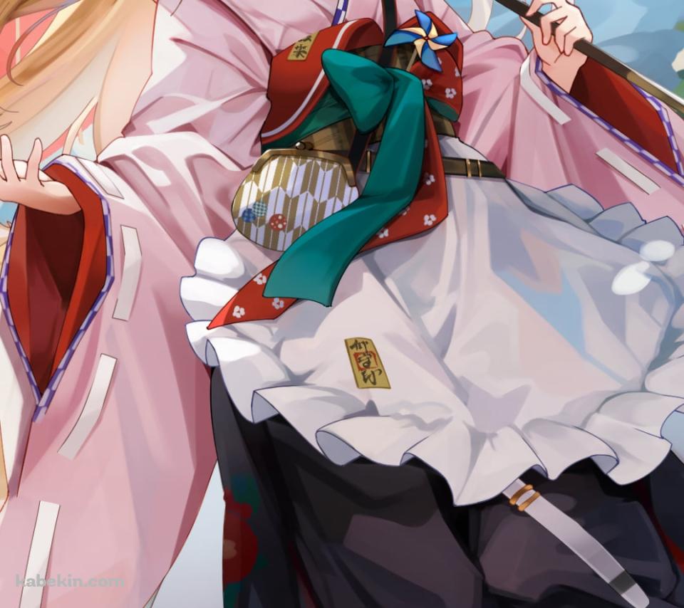 赤い和傘をさしピンクと紺の袴を履いた可愛いスズラン / アークナイツのAndroidの壁紙(960px x 854px) スマホ用