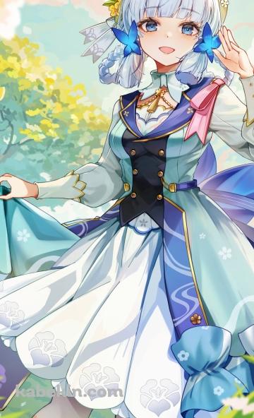 白い花が咲き誇る自然の中で微笑む神里綾華 / 花時に訪れた手紙 / 原神のAndroidの壁紙(360px x 592px) スマホ用
