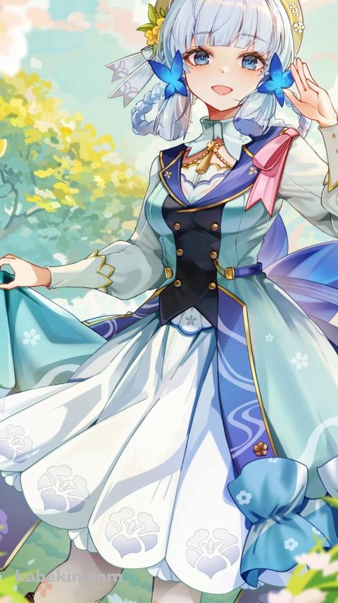 白い花が咲き誇る自然の中で微笑む神里綾華 / 花時に訪れた手紙 / 原神のAndroidの壁紙(480px x 854px) スマホ用