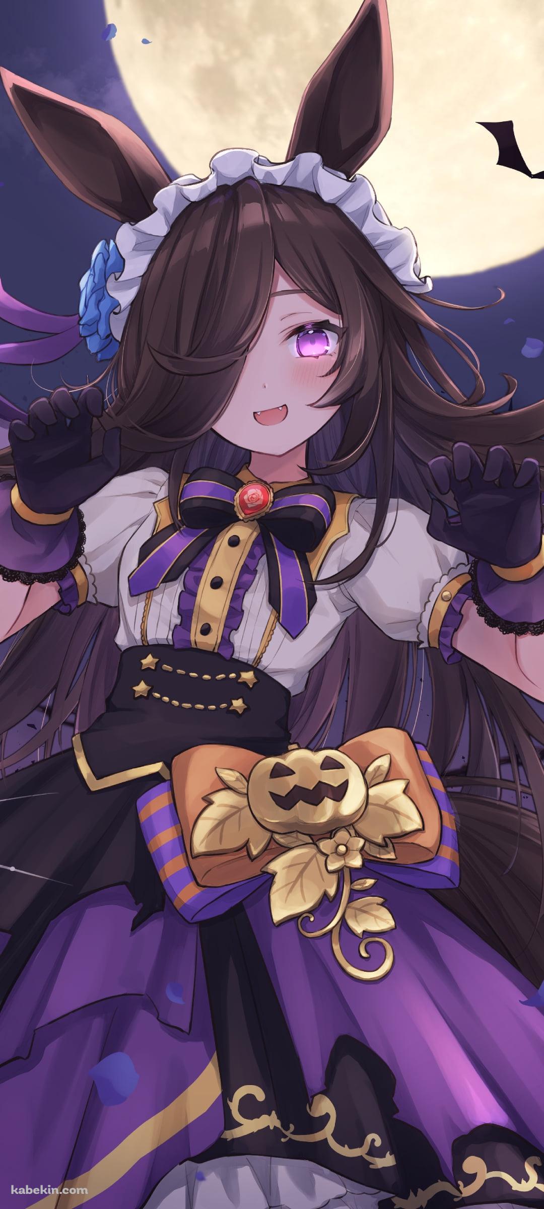 ドラキュラのコスをしたライスシャワー / コウモリ / 満月 / ウマ娘プリティーダービーのAndroidの壁紙(1080px x 2400px) スマホ用