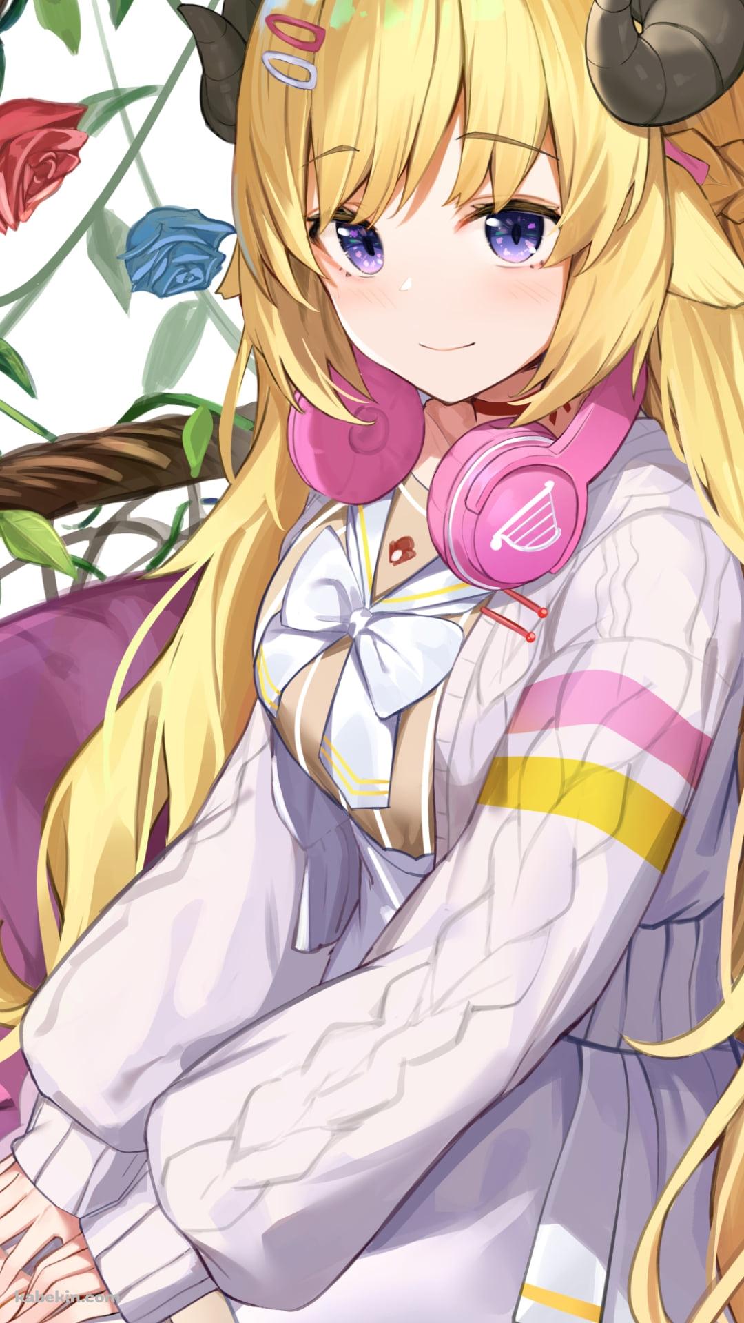 両ひざに手をそえてピンクの椅子に座った可愛い角巻わため / ホロライブ / バーチャルYouTuber / VtuberのAndroidの壁紙(1080px x 1920px) スマホ用