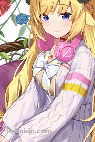 両ひざに手をそえてピンクの椅子に座った可愛い角巻わため / ホロライブ / バーチャルYouTuber / VtuberのAndroidの壁紙(320px x 480px) スマホ用