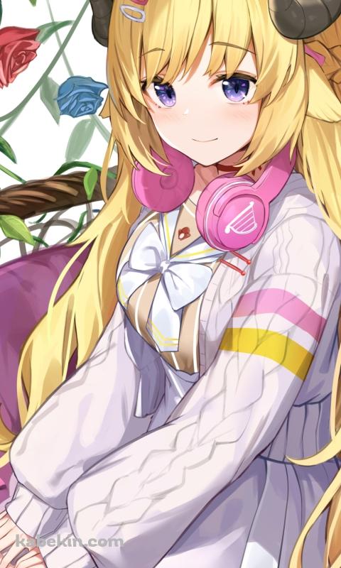 両ひざに手をそえてピンクの椅子に座った可愛い角巻わため / ホロライブ / バーチャルYouTuber / VtuberのAndroidの壁紙(480px x 800px) スマホ用