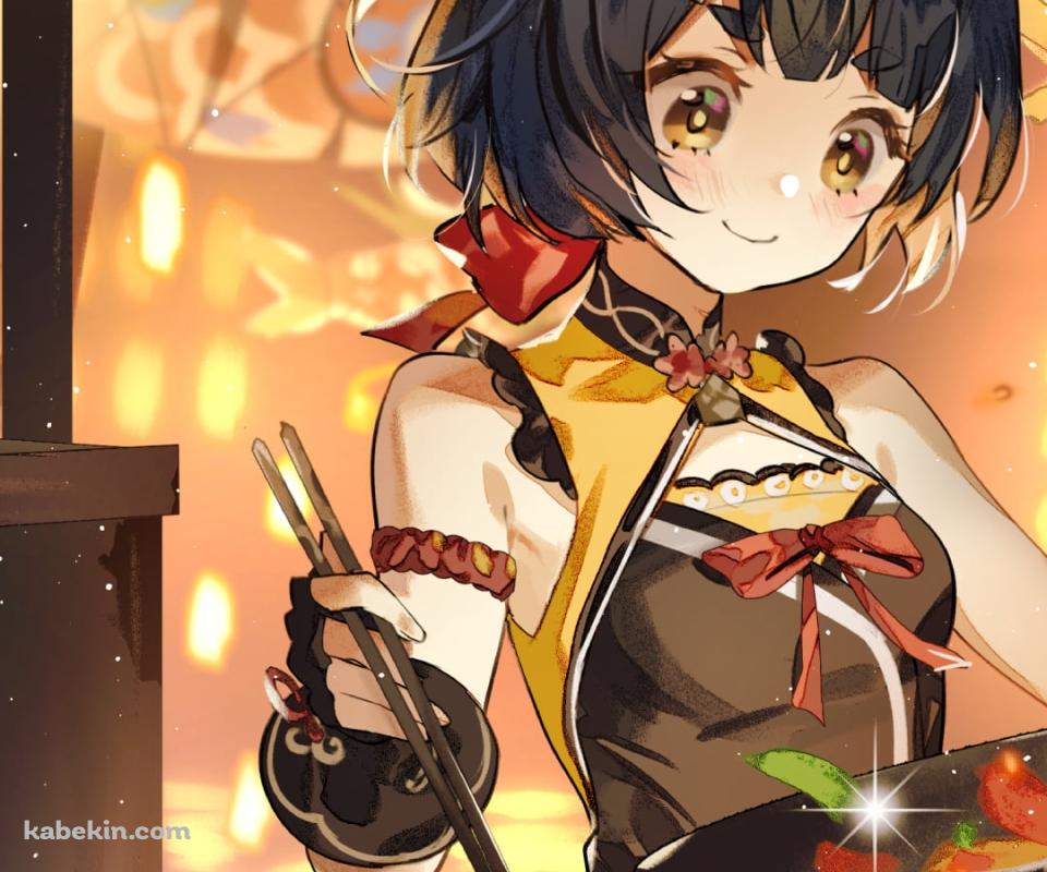 中華料理を料理する香菱と涎を垂らすグゥオパァー / 原神のAndroidの壁紙(960px x 800px) スマホ用