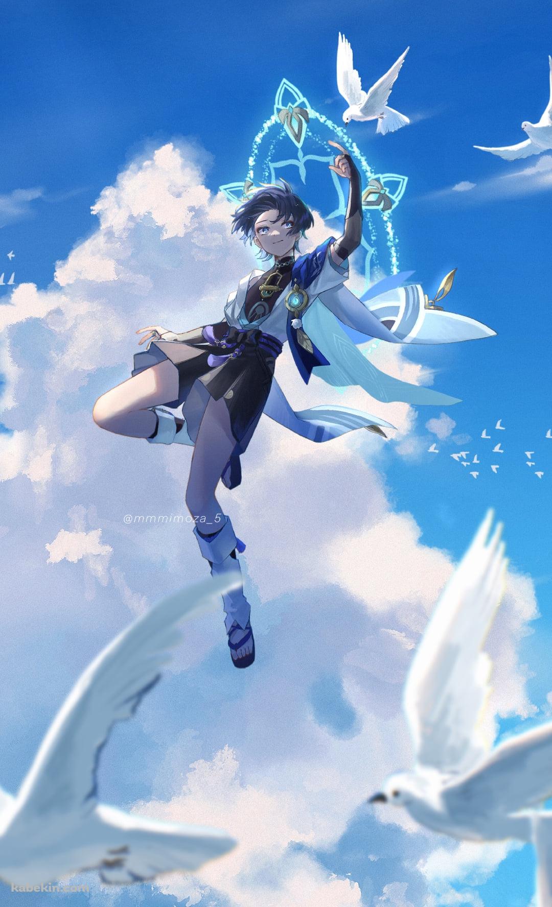 白い鳩の群れと空飛ぶスカラマシュ / 放浪者 / 夏空 / 原神のAndroidの壁紙(1080px x 1776px) スマホ用