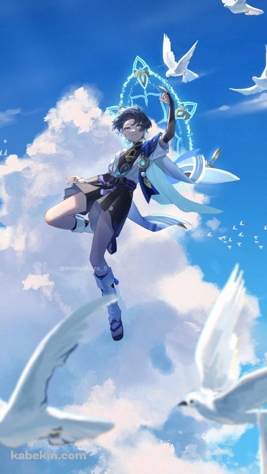 白い鳩の群れと空飛ぶスカラマシュ / 放浪者 / 夏空 / 原神のAndroidの壁紙(540px x 960px) スマホ用