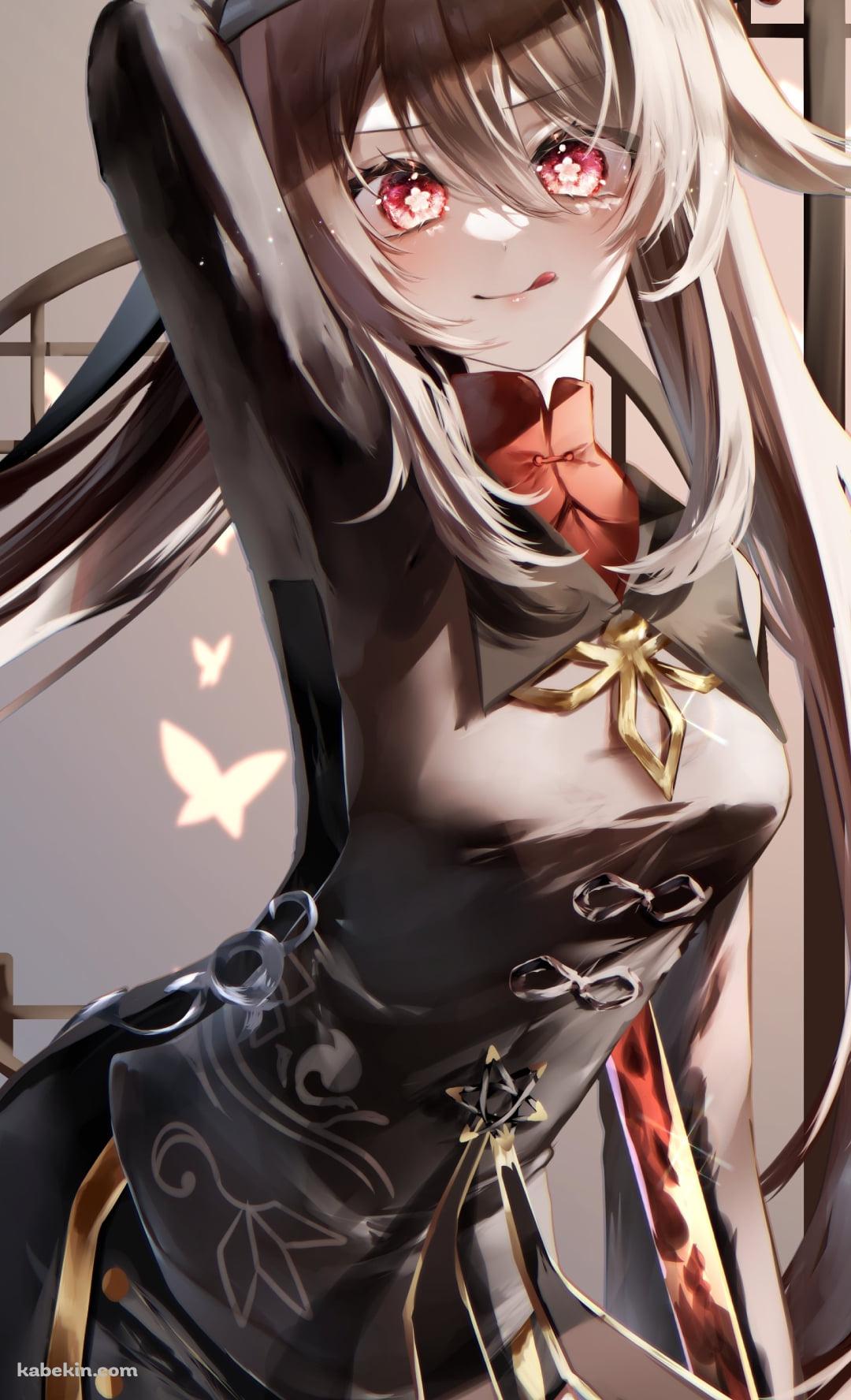 右手を頭の上に挙げて舌を出してポーズを取る可愛い胡桃 / ロングヘア― / 原神のAndroidの壁紙(1080px x 1776px) スマホ用