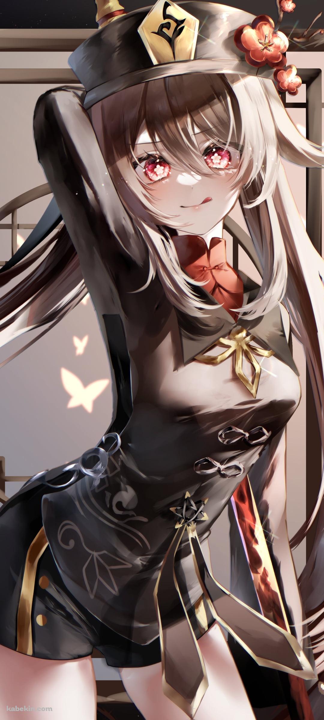 右手を頭の上に挙げて舌を出してポーズを取る可愛い胡桃 / ロングヘア― / 原神のAndroidの壁紙(1080px x 2400px) スマホ用