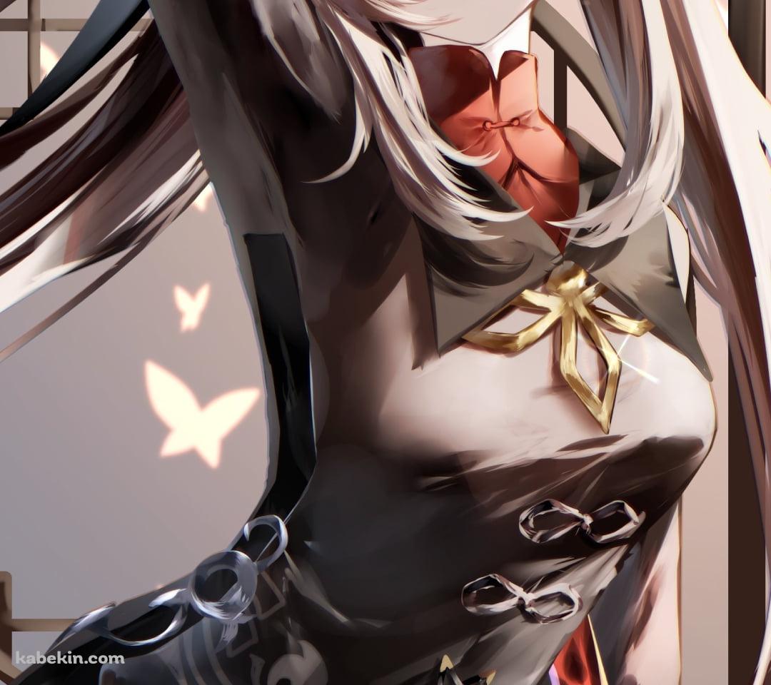 右手を頭の上に挙げて舌を出してポーズを取る可愛い胡桃 / ロングヘア― / 原神のAndroidの壁紙(1080px x 960px) スマホ用