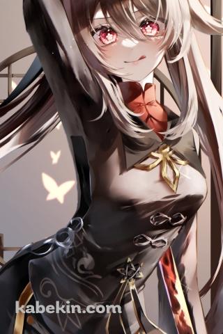 右手を頭の上に挙げて舌を出してポーズを取る可愛い胡桃 / ロングヘア― / 原神のAndroidの壁紙(320px x 480px) スマホ用