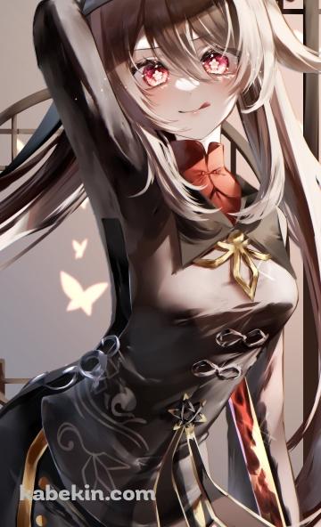 右手を頭の上に挙げて舌を出してポーズを取る可愛い胡桃 / ロングヘア― / 原神のAndroidの壁紙(360px x 592px) スマホ用