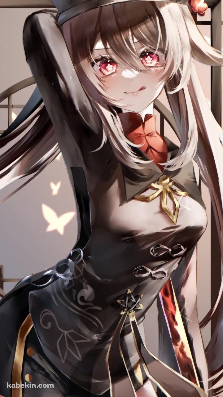 右手を頭の上に挙げて舌を出してポーズを取る可愛い胡桃 / ロングヘア― / 原神のAndroidの壁紙(720px x 1280px) スマホ用