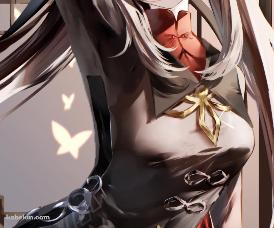 右手を頭の上に挙げて舌を出してポーズを取る可愛い胡桃 / ロングヘア― / 原神のAndroidの壁紙(960px x 800px) スマホ用