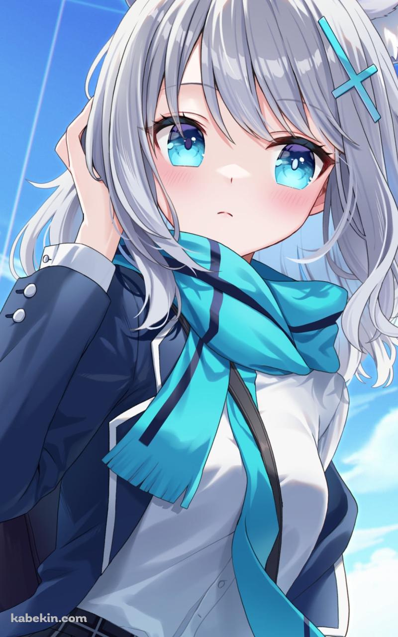 水色のマフラーを巻き髪をおさえる砂狼シロコ / ブルアカ / ブルーアーカイブのAndroidの壁紙(800px x 1280px) スマホ用