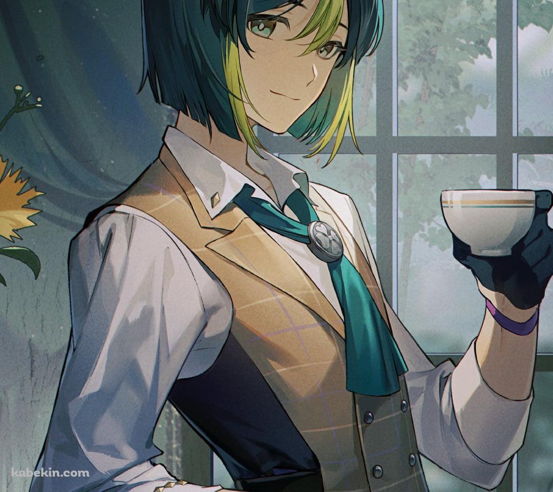 茶色の棚にもたれて珈琲を飲みこちらに微笑むティナリ / 原神のAndroidの壁紙(1080px x 960px) スマホ用
