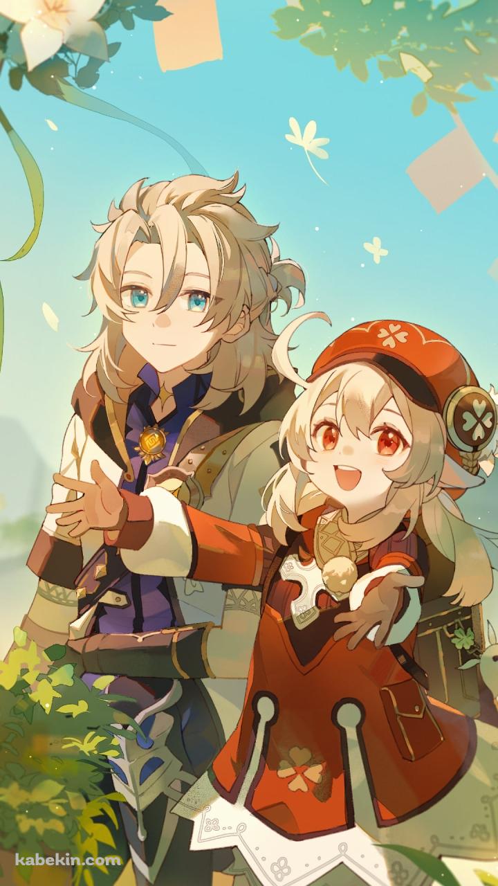 白い花を愛でるクレーとアルベド / 原神のAndroidの壁紙(720px x 1280px) スマホ用